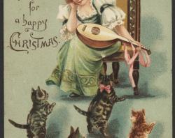 Christmas card showing lady with four cats and a lute. SLSA: PRG 337/3/47