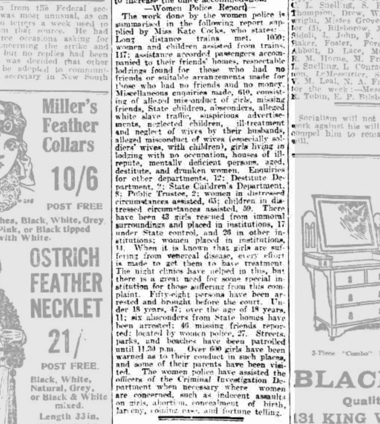 Kate Cock's police report published in the Daily Herald (Adelaide, SA 1910-1924) Friday 7 September 1917, page 6.