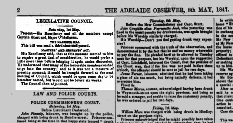 Frederick Robe's statement on the Master's and Servants Act. The Adelaide Observer, May 1847. NLA Trove.