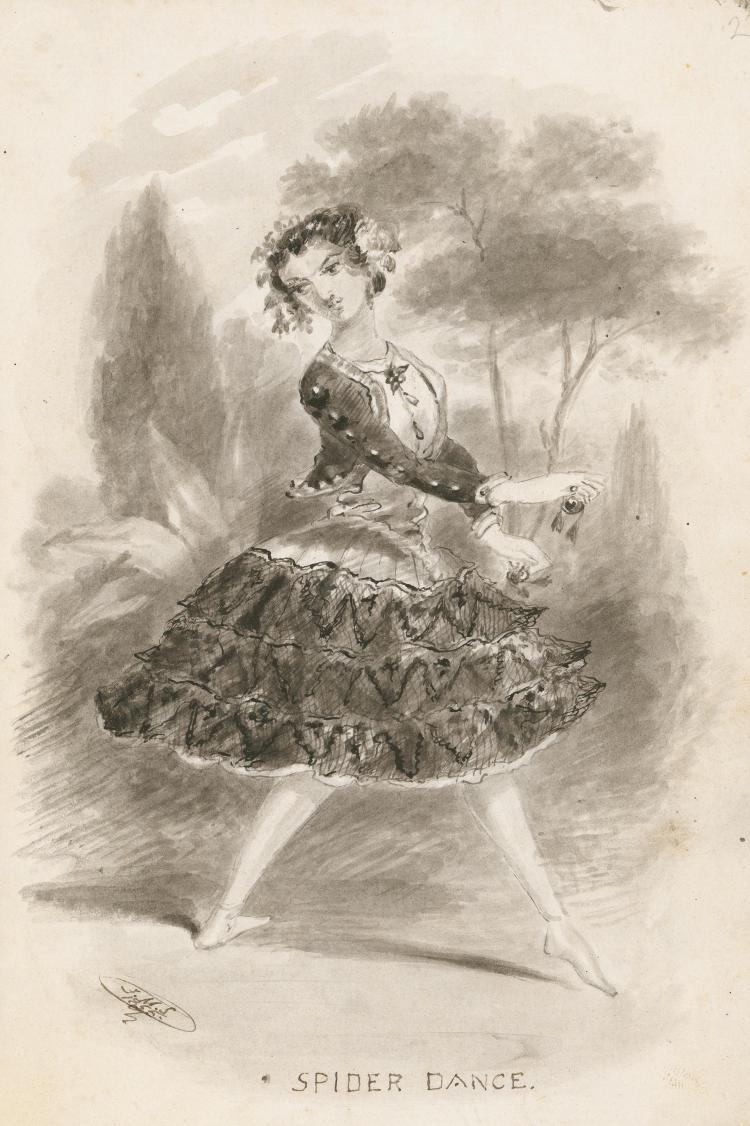 Lola Montez performing the 'Spider Dance'. Drawing by John Michael Skipper, 1855. SLSA: B 9422/2