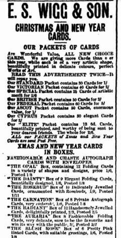 ES Wigg & Son, newspaper advertisement for greeting cards, Trove, Adelaide Observer, 4 January, p. 52.  