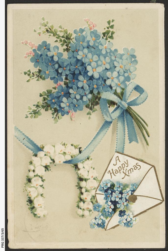 SLSA: PRG-337 'A Happy Christmas' Forget-me -not and lily of the valley Christmas card with horseshoe.