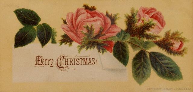 Louis Prang's 'Merry Christmas' card with pink roses. Image courtesy of Travelstart