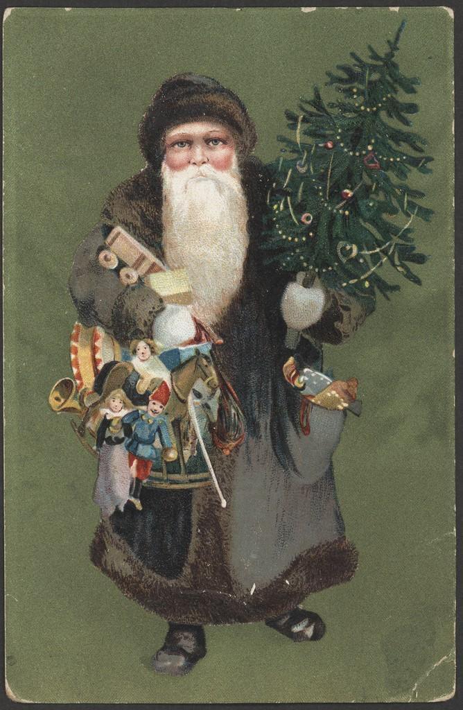 St Nicholas carrying Christmas Tree and a sack of toys. PRG 337/3/39