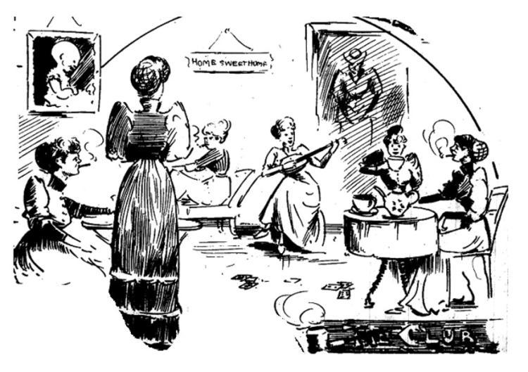 Cartoon showing women relaxing with cards, banjo playing, cigars and cups of tea. The Quiz and Lantern, 24 Nov 1893.