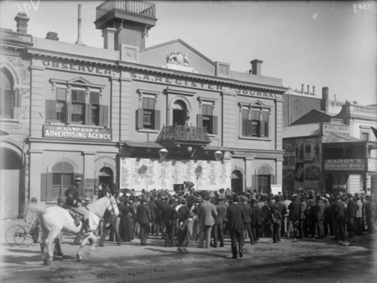 Crowd at SA Register Office where 1896 election results displayed. SLSA: PRG 631/2/410