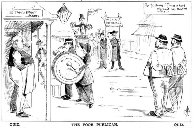 Cartoon showing Temperance march outside a pub, The Quiz and Lantern, Oct 1894